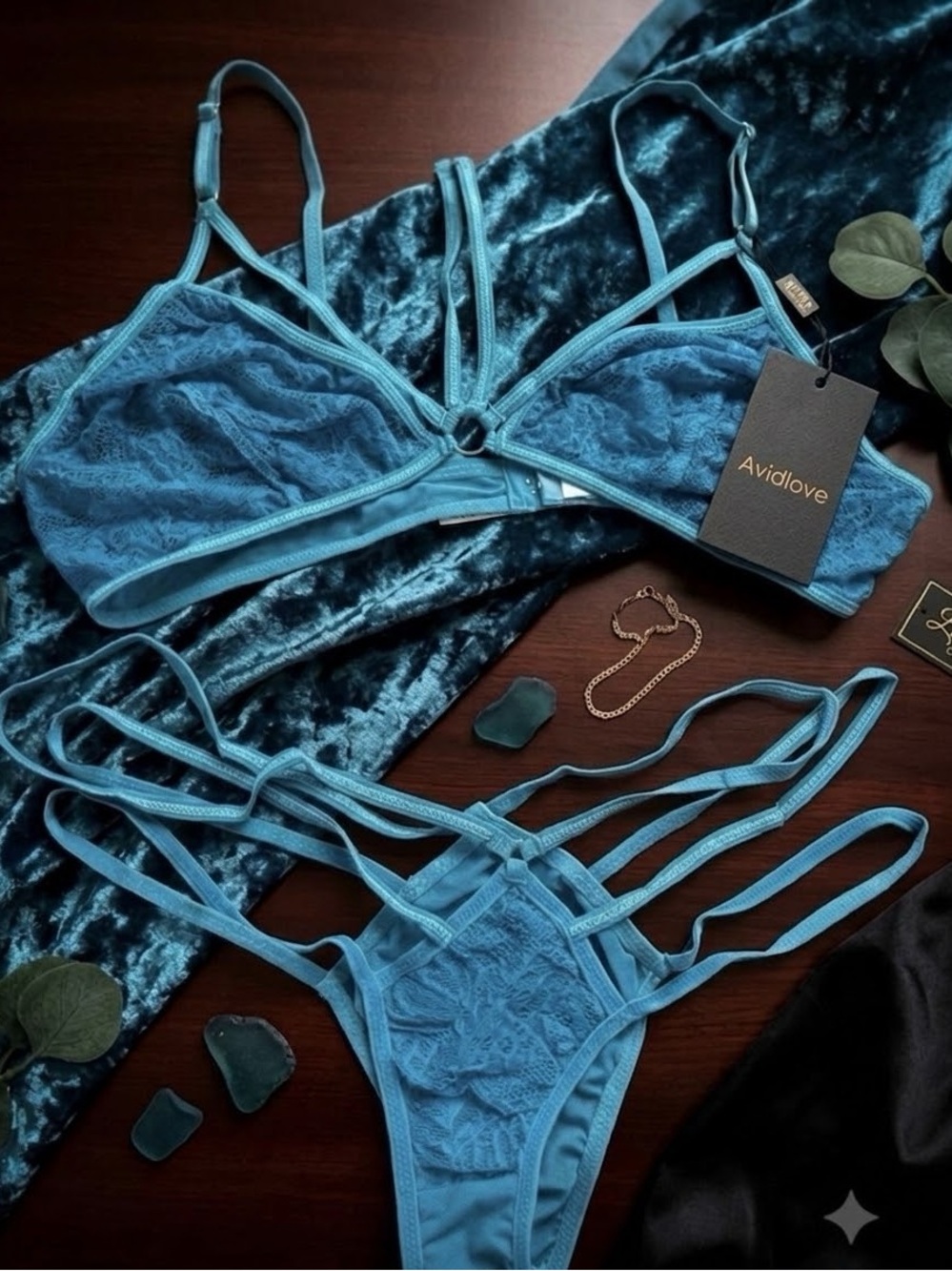 Teal Lace Strappy Bralette & Thong Set